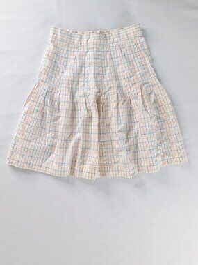 VTG Cream Pink Blue Tattersall Plaid Linen Cotton Tiered Pleated Mini Skirt